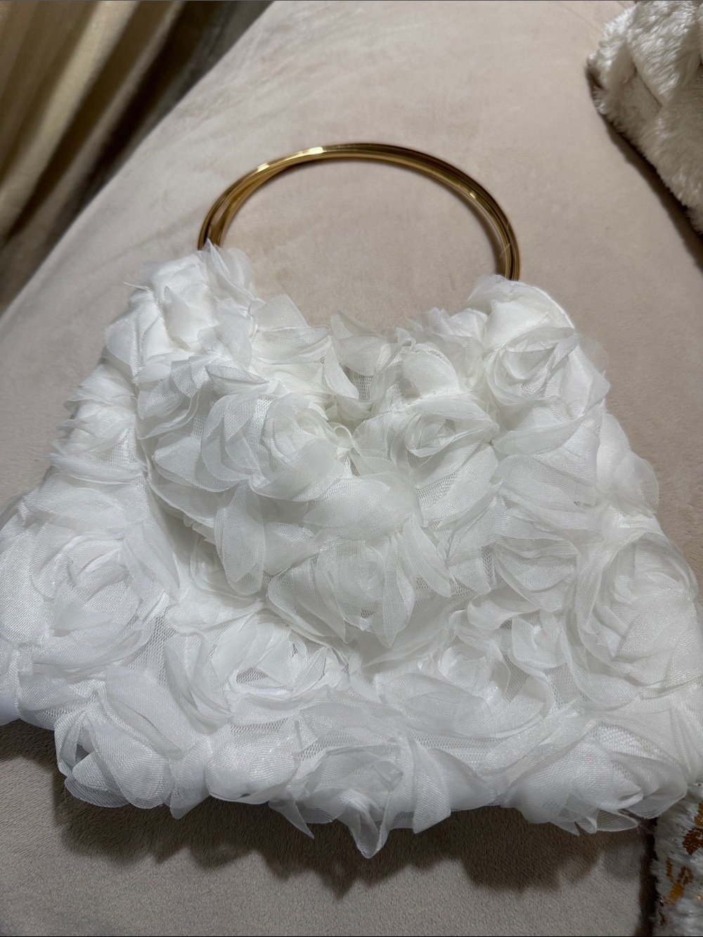 White Floral Rosette Handbag with Gold Handle